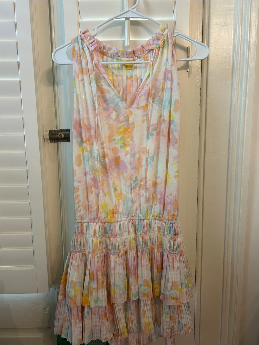 Pastel Watercolor Tiered Mini Dress - Pink/Yellow/Blue